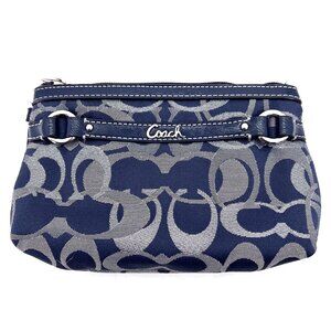 Coach Signature Mini Wristlet Bag Zipper Closure Leather Trim Blue STRAP CUT OFF